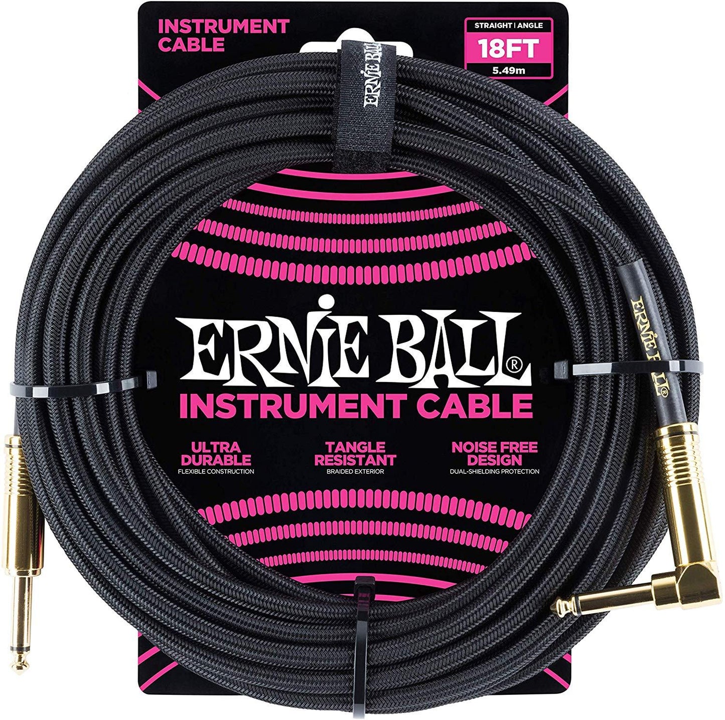 Ernie Ball Braided Straight to Angle Instrument Cable 18 foot in Black Gold Tips