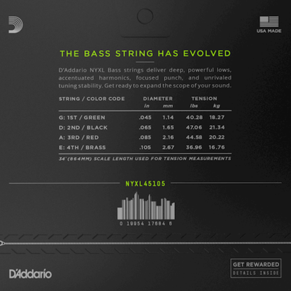 D'Addario NYXL Light Top Medium Bottom Long Scale Bass Strings 45-105 Gauge