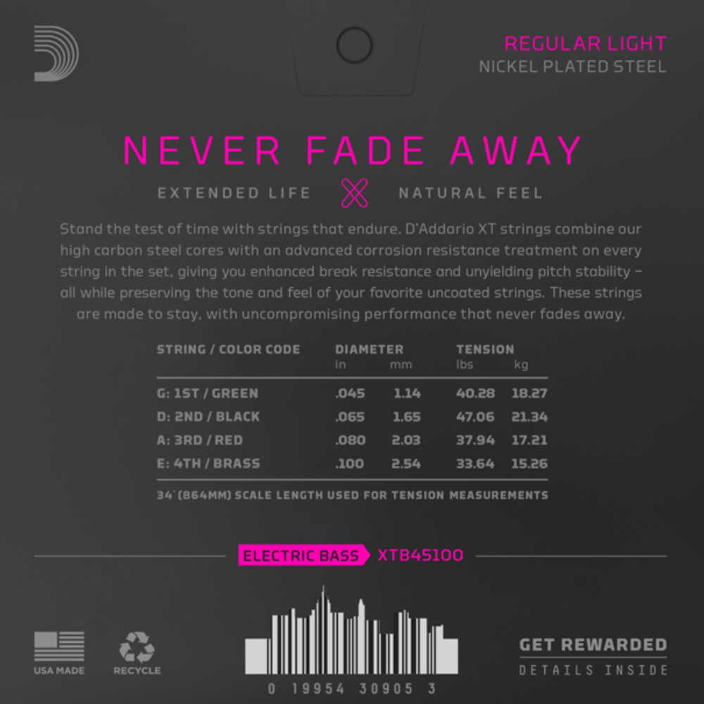 D'Addario XTB45100 XT Nickel Plated Steel Regular Light Long Scale Bass Guitar Strings 45-100 Gauge