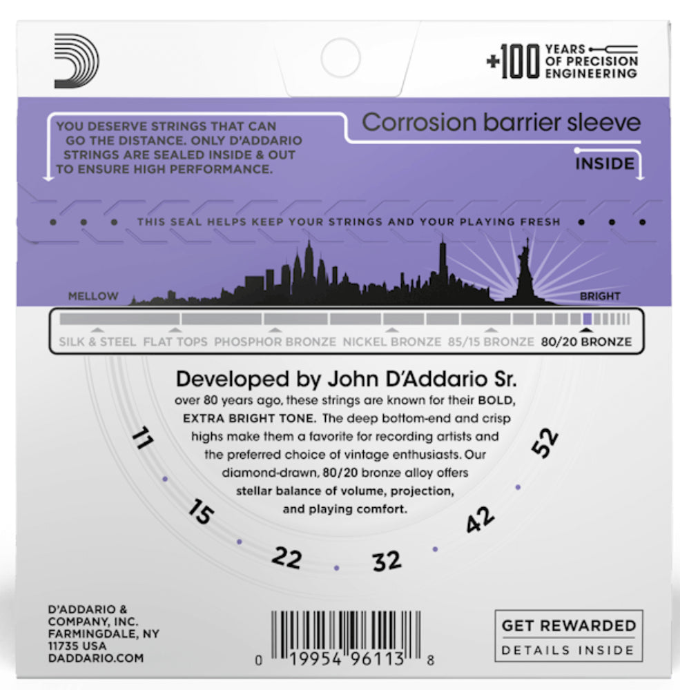 D'Addario 80/20 Bronze Acoustic Guitar Strings 11-52 Custom Light Gauge