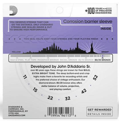 D'Addario 80/20 Bronze Acoustic Guitar Strings 11-52 Custom Light Gauge