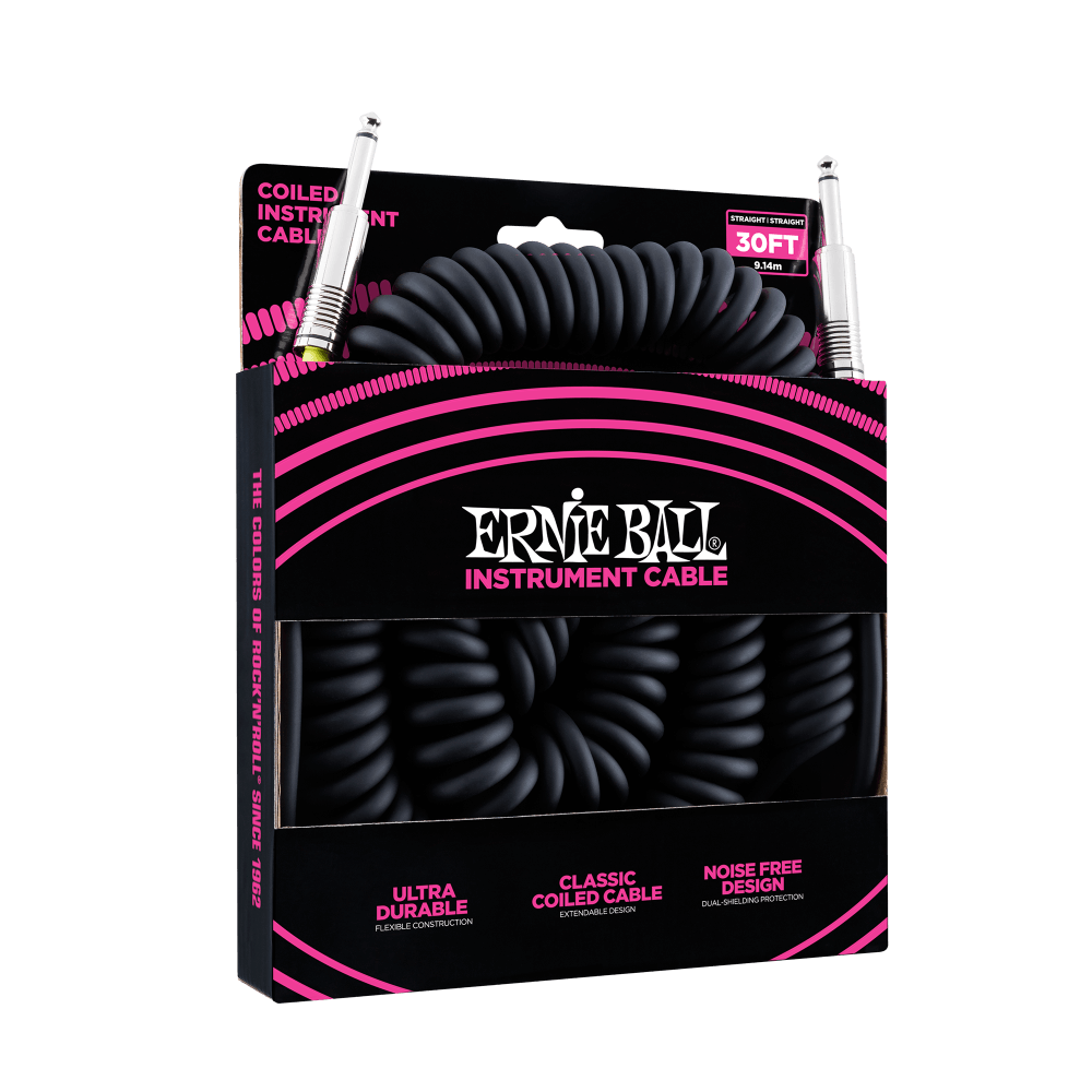 Ernie Ball P06044 Coiled Straight to Straight Instrument Cable 30 foot in Black
