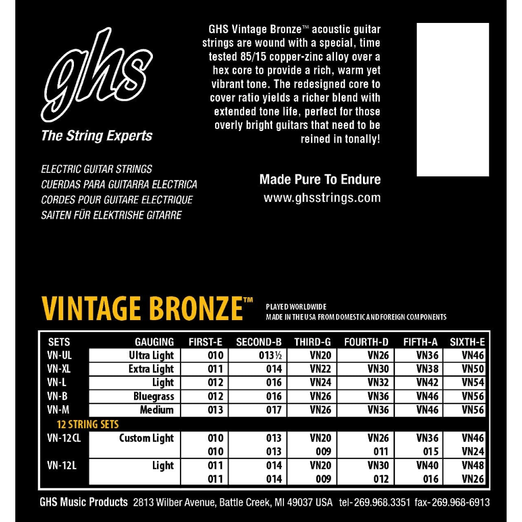 GHS VNL Light Vintage Bronze Acoustic Guitar Strings 12-54 Gauge