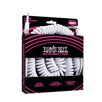 Ernie Ball P06045 Coiled Straight to Right Angle Instrument Cable 30 foot in White