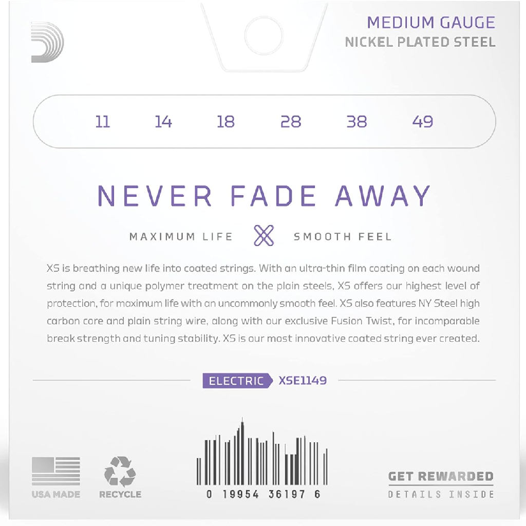 D'Addario XS Medium Coated Electric Guitar Strings 11-49 Gauge