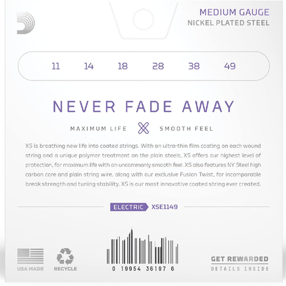 D'Addario XS Medium Coated Electric Guitar Strings 11-49 Gauge