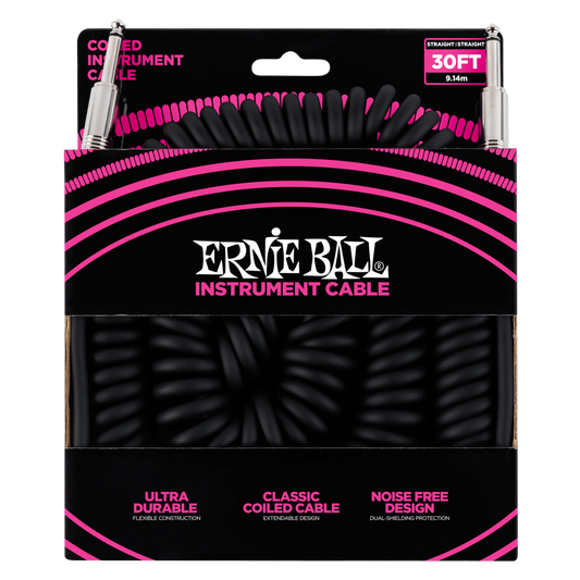 Ernie Ball P06044 Coiled Straight to Straight Instrument Cable 30 foot in Black