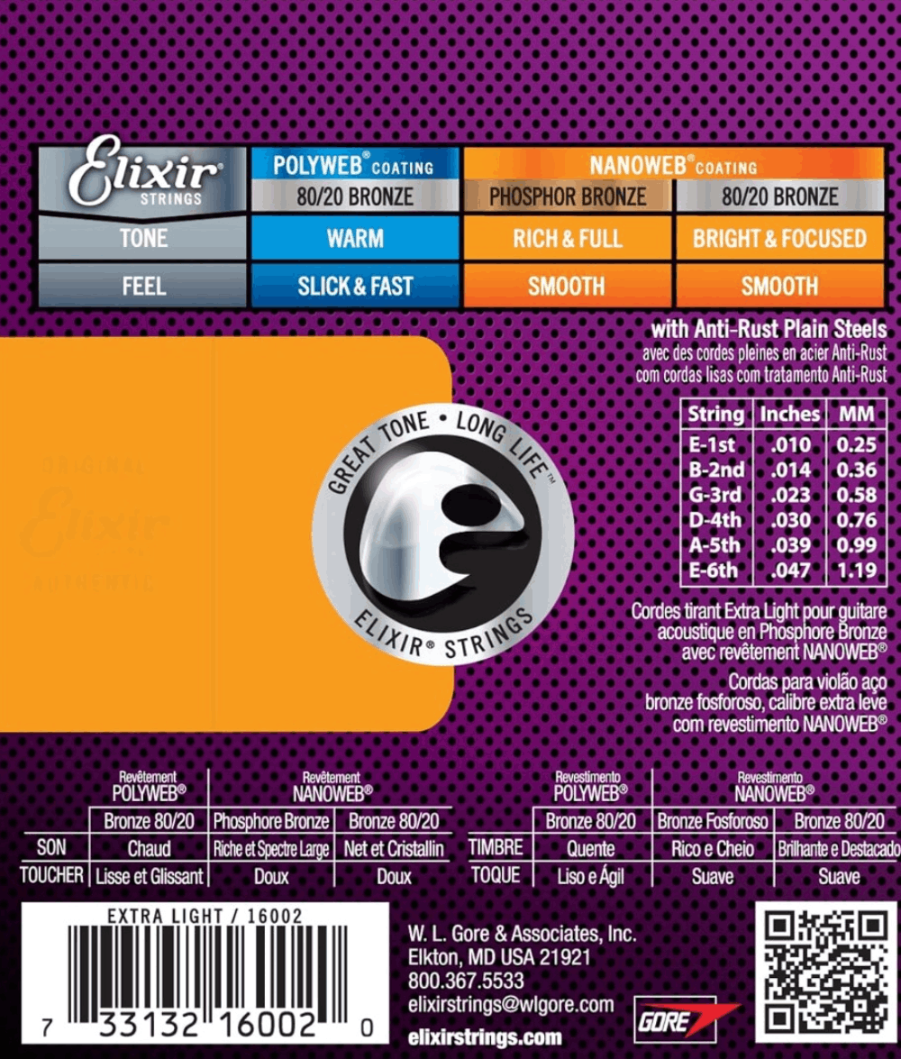 Elixir 16002 Nanoweb Phosphor Bronze Acoustic Guitar Strings Extra Light 10-47 Gauge