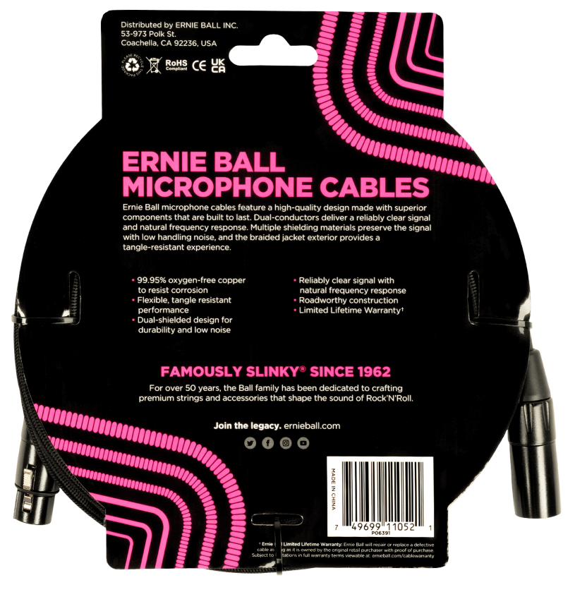 Ernie Ball 15ft Braided Male Female XLR Microphone Cable in Black