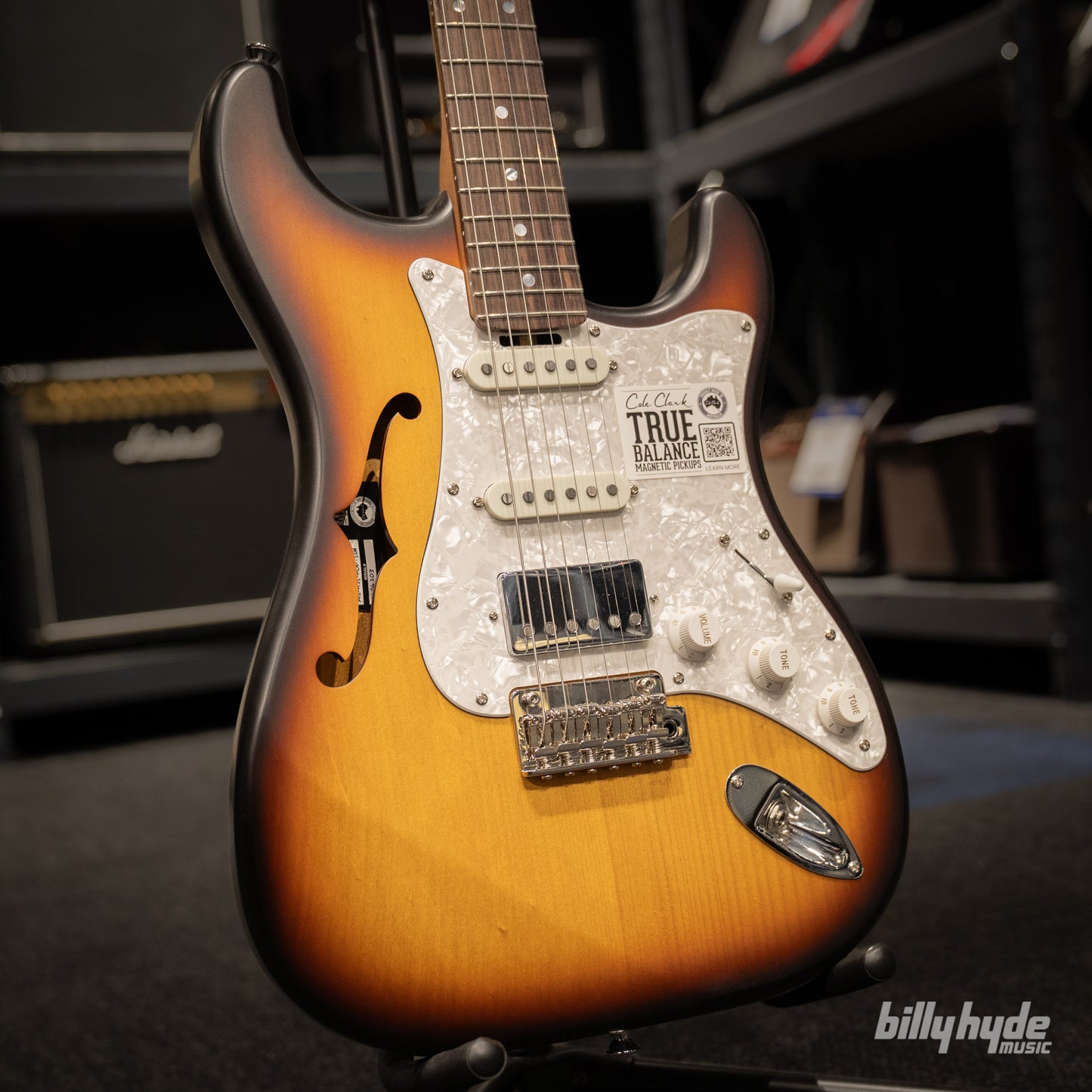 Cole Clark HB Hollow Baby, HSS, Mother of Pearl Pickguard in Sunburst