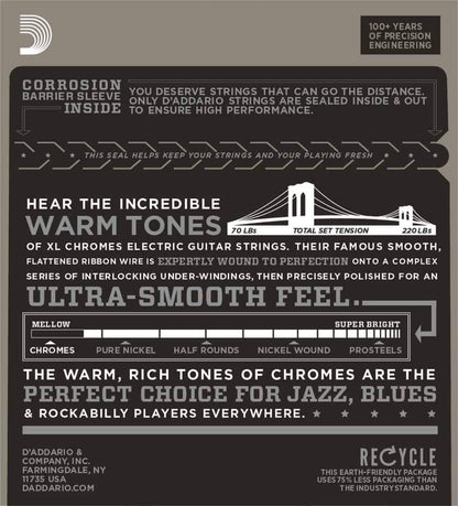 D'Addario ECG24 Chromes Flat Wound Electric Guitar Strings Jazz Light 11-50 Gauge