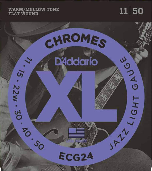 D'Addario ECG24 Chromes Flat Wound Electric Guitar Strings Jazz Light 11-50 Gauge