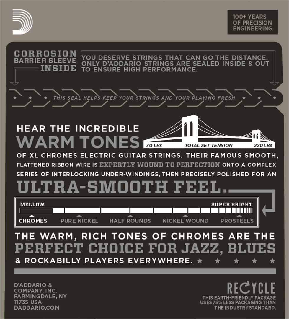 D'Addario ECG26 Chromes Flat Wound Electric Guitar Strings Medium 13-56 Gauge