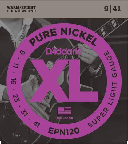D'Addario EPN120 Pure Nickel Electric Guitar Strings Super Light 9-41 Gauge