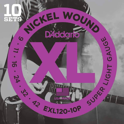 D'Addario EXL120-10P Nickel Wound 10 Sets Electric Guitar Strings Super Light 9-42 Gauge