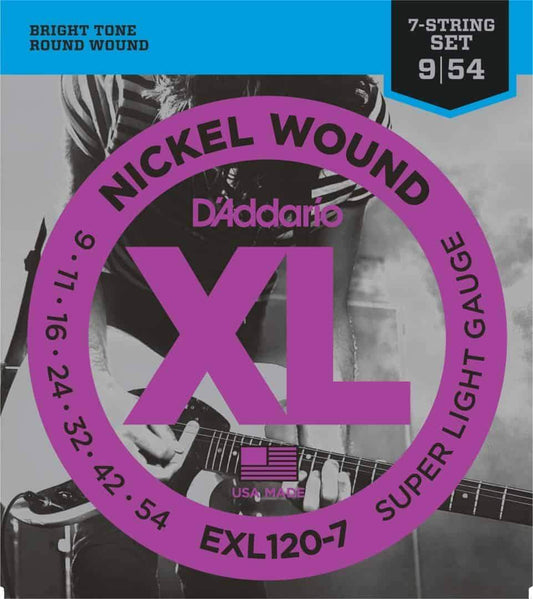 D'Addario EXL120 7 Nickel Wound 7 String Electric Guitar Strings Super Light 9-54 Gauge