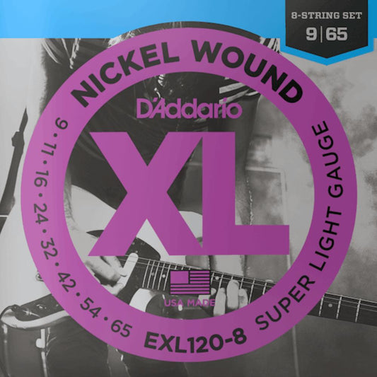 D'Addario EXL120 8 Nickel Wound 8 String Electric Guitar Strings Super Light 9-65 Gauge