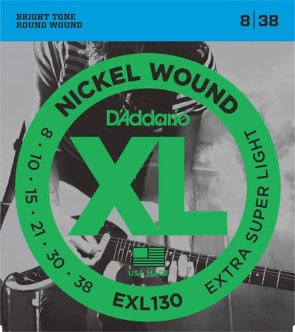 D'Addario EXL130 Nickel Wound Electric Guitar Strings Extra Super Light 8-38 Gauge