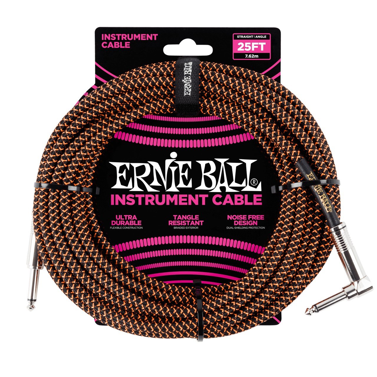 Ernie Ball P06064 Braided Straight to Right Angle Instrument Cable 25 ft in Orange & Black