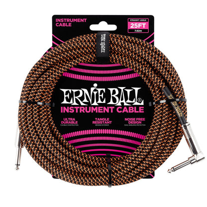 Ernie Ball P06064 Braided Straight to Right Angle Instrument Cable 25 ft in Orange & Black