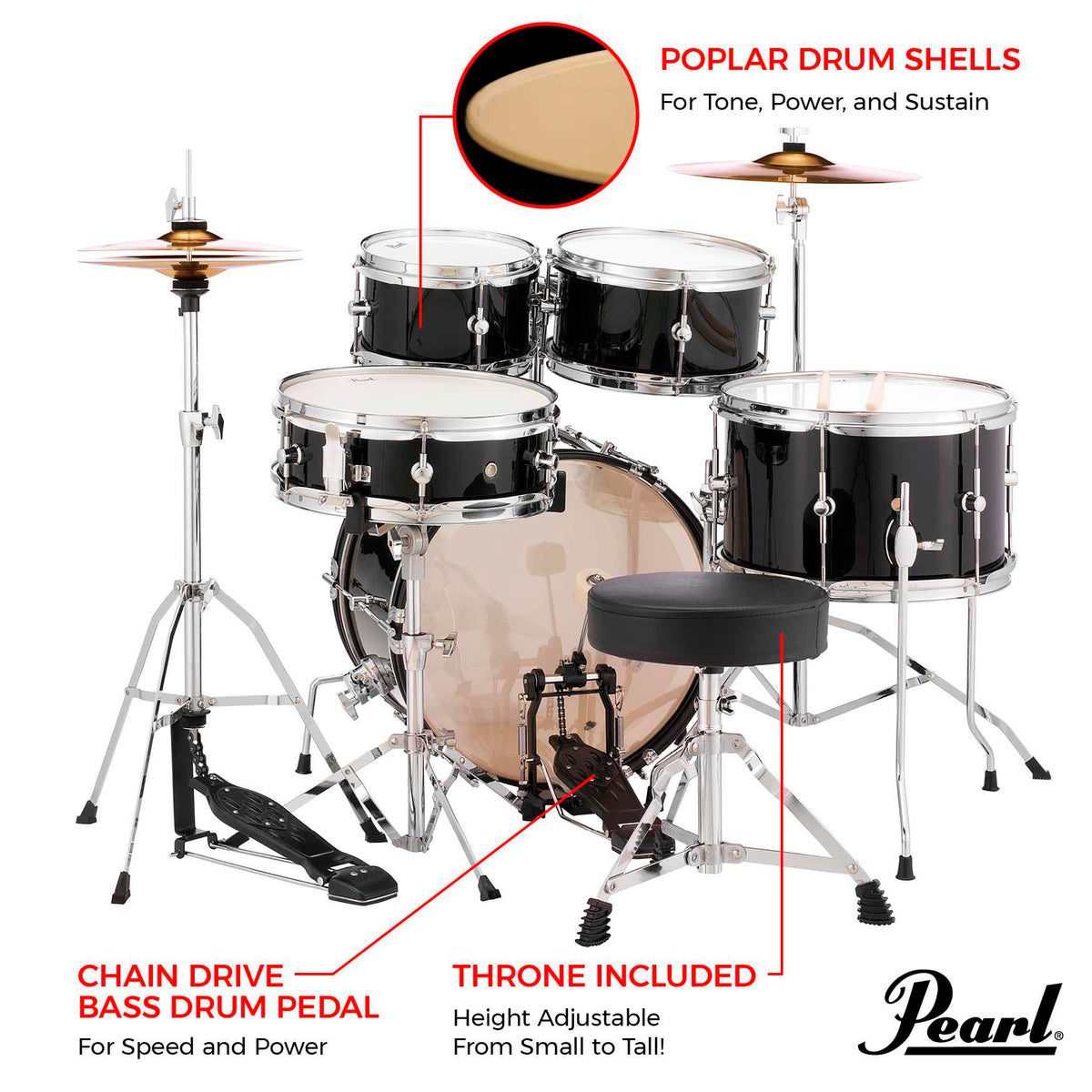 Pearl Roadshow Junior 5 Piece Drum Kit w/Hardware and Cymbals in Pink