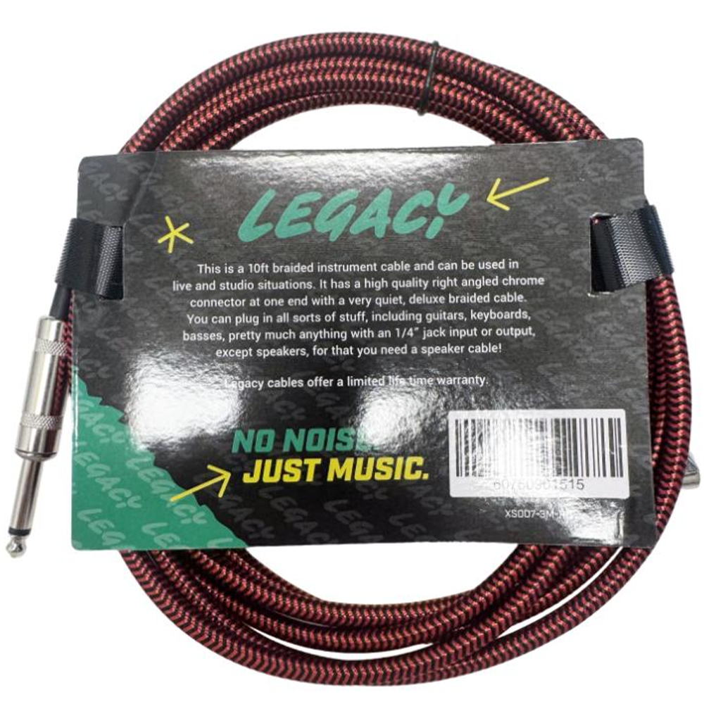 Legacy 3m Right Angle to Straight Braided Deluxe Guitar Cable, Chrome Connectors in Red & Blue