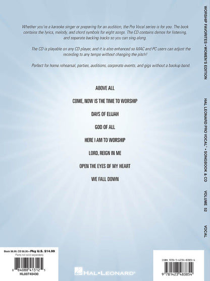 Worship Favorites Pro Vocal Women's Edition Volume 52 Bk/Cd