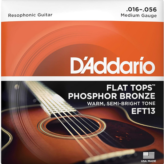 D'Addario Flat Tops Phosphor Bronze Regular Medium Resophonic Acoustic Guitar Strings 16-56 Gauge