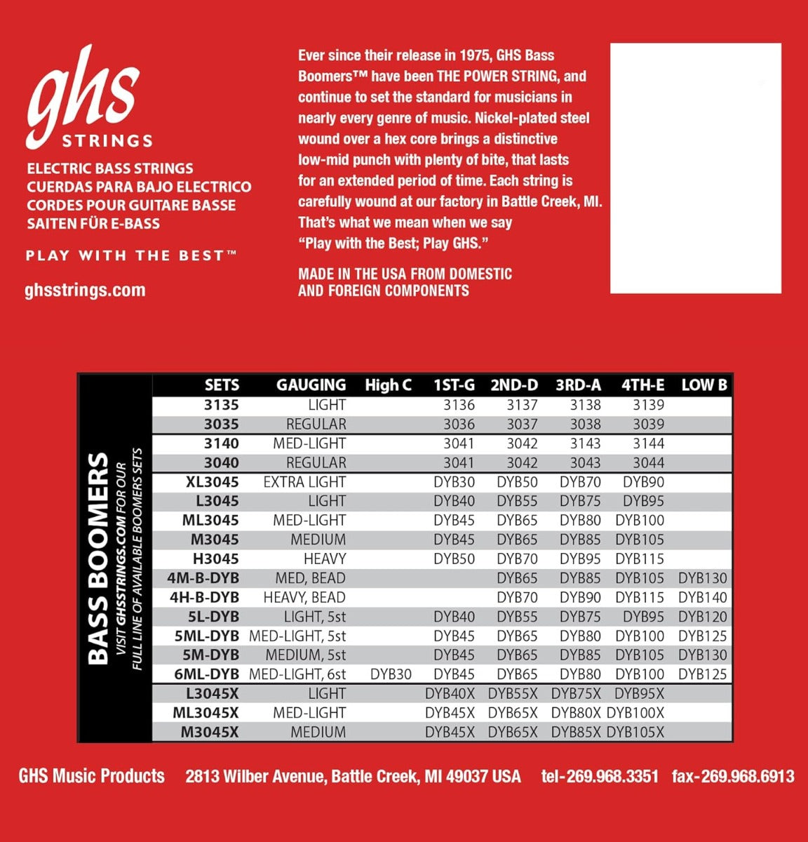 GHS H3045 Bass Boomers Guitar Strings  50-115 Gauge