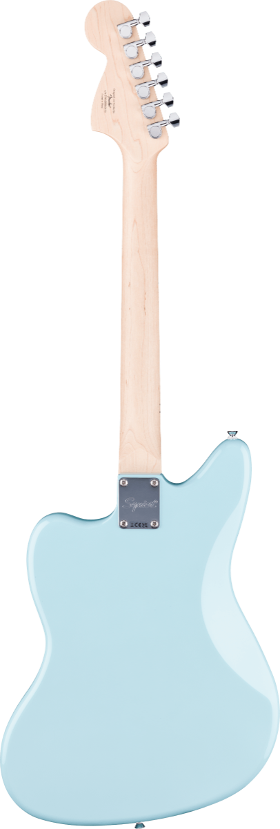 Squier FSR Affinity Series Jaguar, Maple Fingerboard, White Pickguard, Matching Headstock in Daphne Blue
