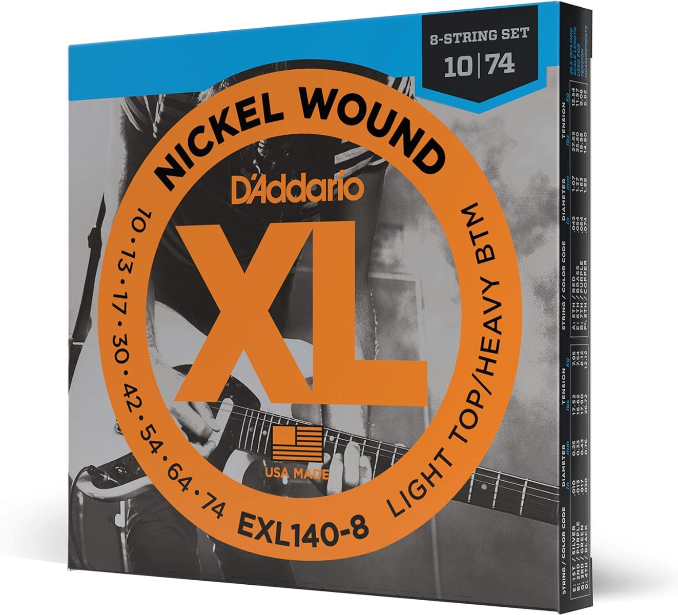 D'Addario EXL140 8 Nickel Wound 8 String Electric Guitar Strings Light Top Heavy Bottom 10-74 Gauge