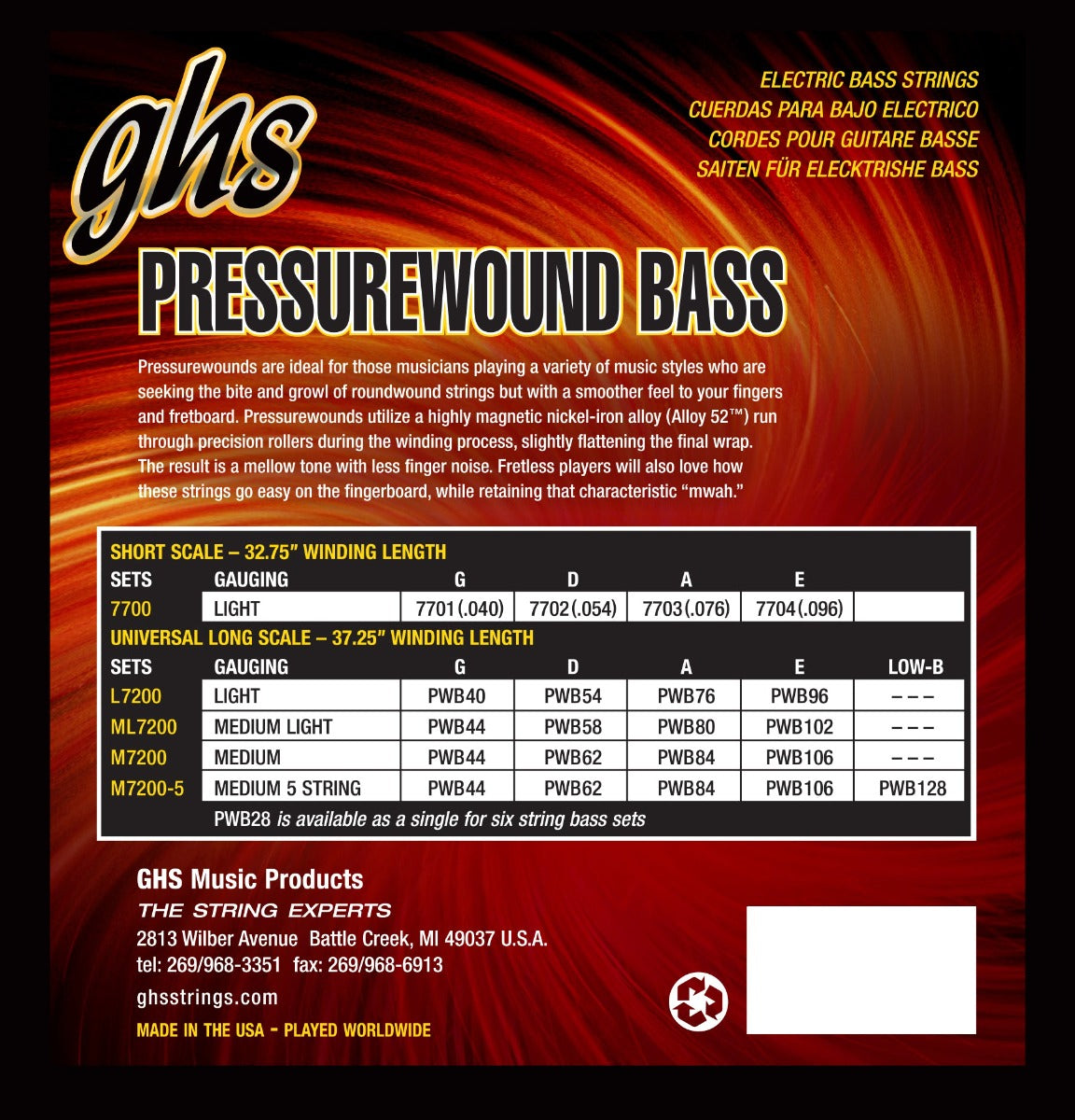 GHS M7200-5 Pressurewound Bass Guitar Strings 44-128 Gauge