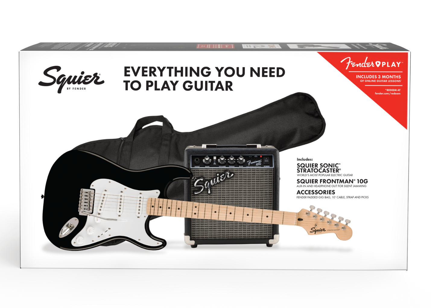Squier Sonic Stratocaster, Maple Fingerboard Electric Guitar Pack in Black
