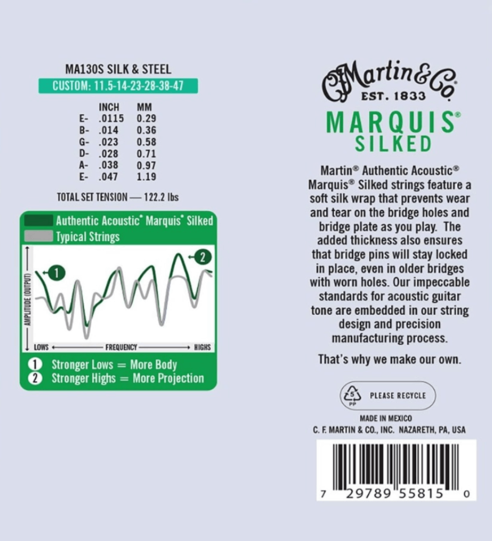 Martin Strings MA130S  Martin Authentic Marquis Silk & Steel Acoustic Guitar Strings, 11.5 - 47 Gauge