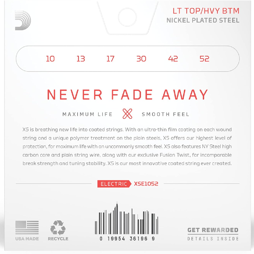 D'Addario XS Light Top Heavy Bottom Coated Electric Guitar Strings 10-52 Gauge