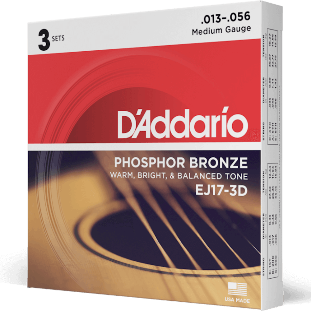 D'Addario EJ17 3D Phosphor Bronze 3 Sets Acoustic Guitar Strings Medium 13-56 Gauge