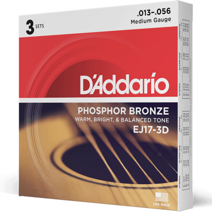 D'Addario EJ17 3D Phosphor Bronze 3 Sets Acoustic Guitar Strings Medium 13-56 Gauge