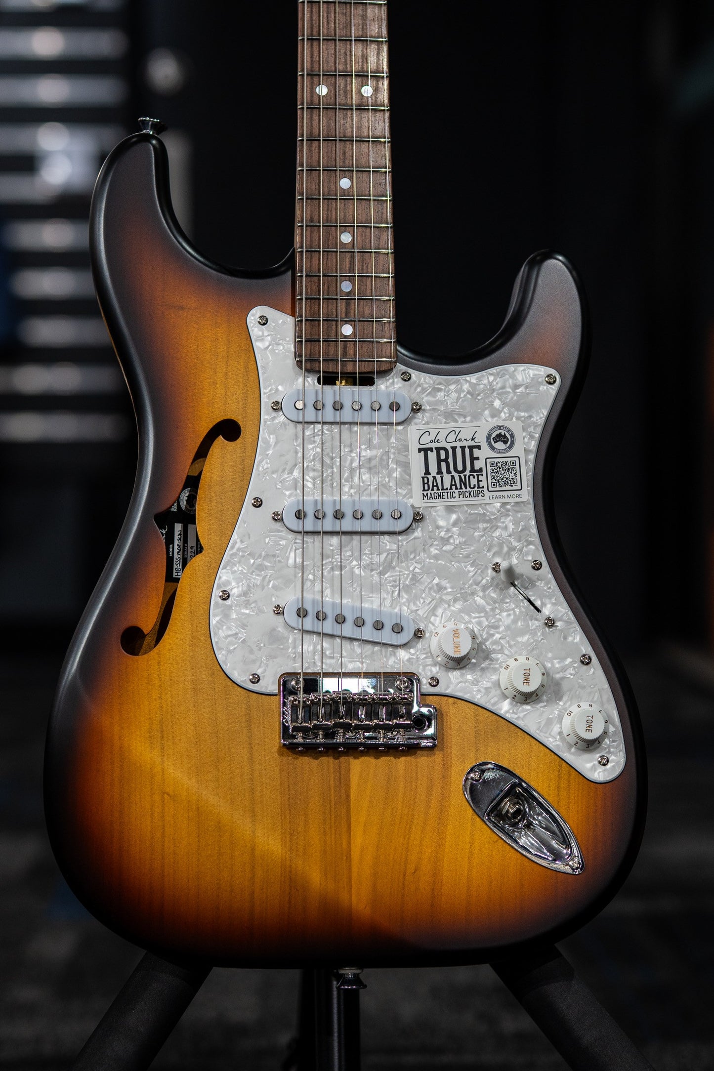Cole Clark HB Hollow Baby, SSS, Mother of Pearl Pickguard in Sunburst