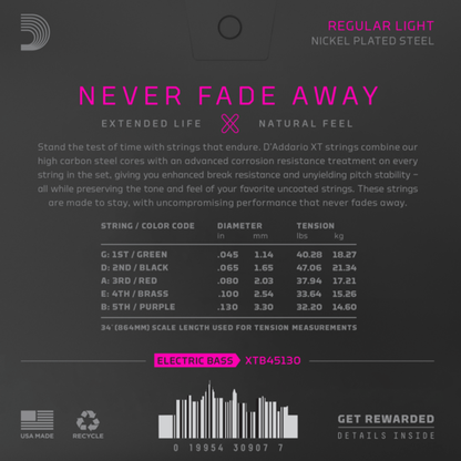 D'Addario XTB45130 XT Nickel Plated Steel Regular Light Long Scale Bass Guitar Strings  45-130  Gauge