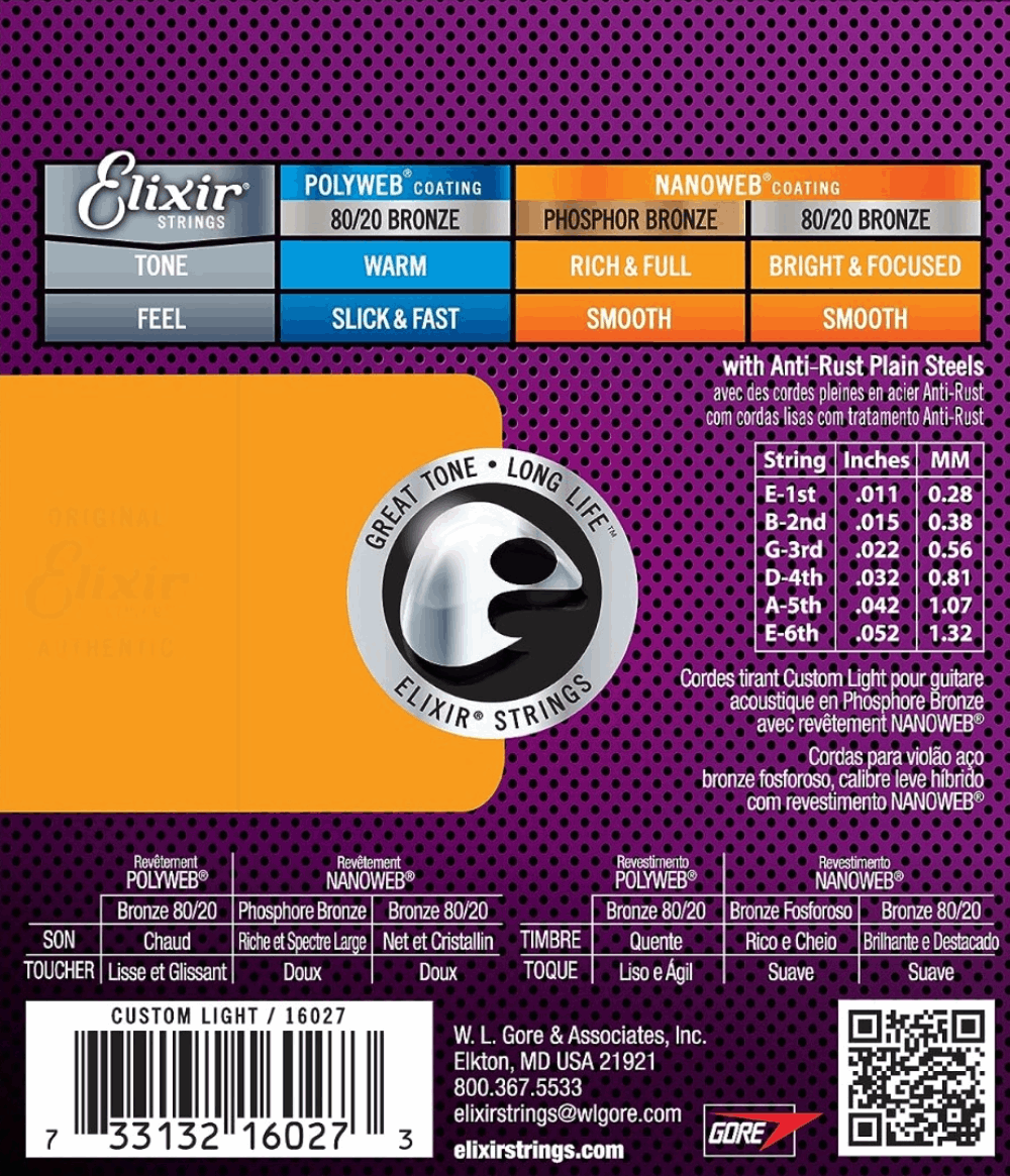 Elixir 16027 Nanoweb Phosphor Bronze Acoustic Guitar Strings Custom Light 11-52 Gauge