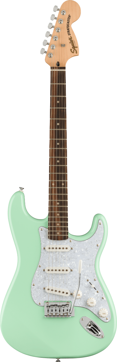 Squier FSR Affinity Series Stratocaster, Laurel Fingerboard, White Pearloid Pickguard in Surf Green