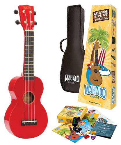 Mahalo Rainbow Series with Learn 2 Play Essentials Accessory Ukulele Pack in High Gloss Red