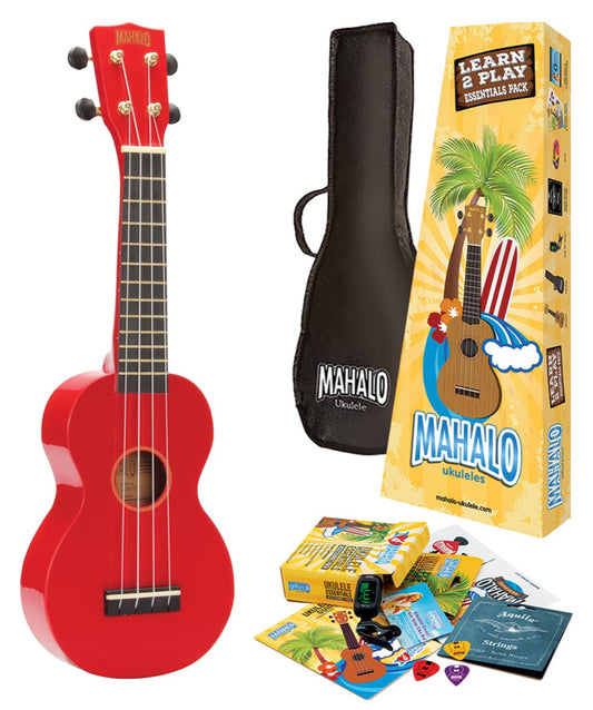 Mahalo Rainbow Series with Learn 2 Play Essentials Accessory Ukulele Pack in High Gloss Red