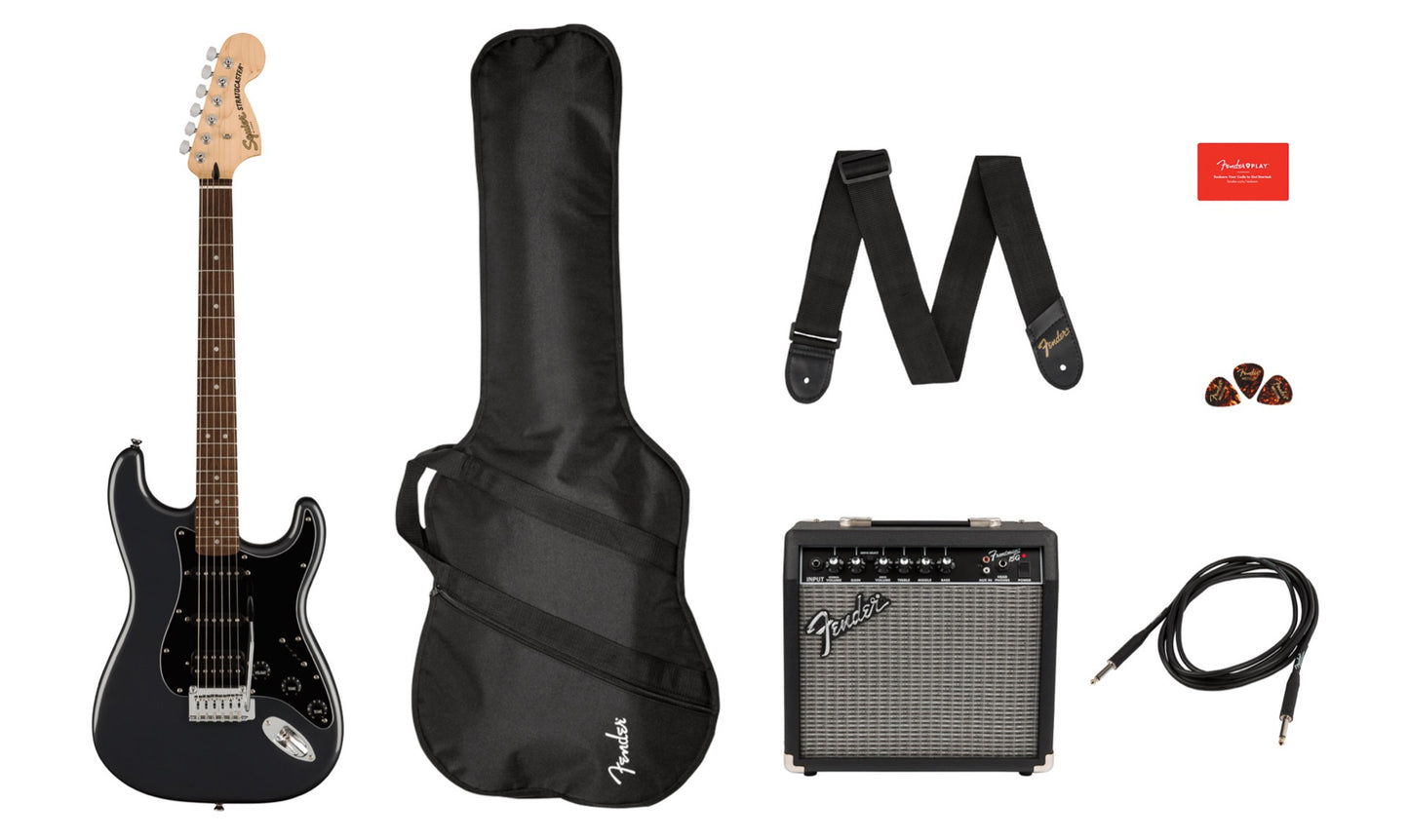 Squier Affinity Series Stratocaster HSS, Laurel Fingerboard Electric Guitar Pack in Charcoal Frost Metallic