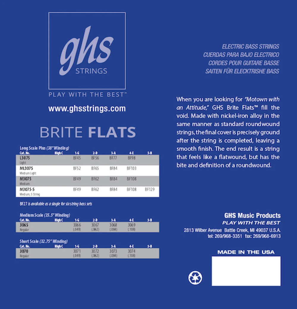 GHS ML3075 Bass Brite Flats Guitar Strings 52-103 Gauge