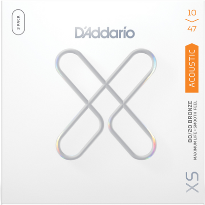 D'Addario XS 80/20 Bronze Extra Light Coated Acoustic Guitar Strings 3 Pack 10-47 Gauge