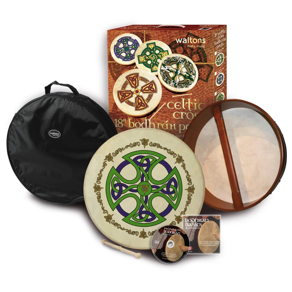 Waltons 18 Inch Gaelic Cross Bodhran Pack and Beater and DVD and Bag