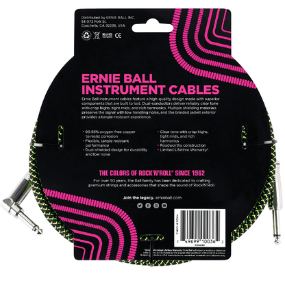 Ernie Ball 18' Braided Straight to Angled Instrument Cable in Black & Green