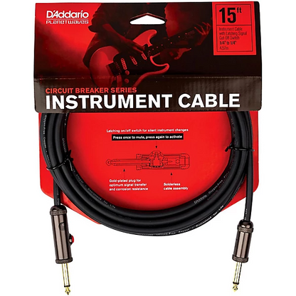D'Addario Planet Waves 15' Circuit Breaker Straight Plug Latching Switch Instrument Cable in Black