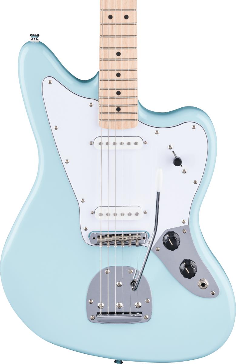Squier FSR Affinity Series Jaguar, Maple Fingerboard, White Pickguard, Matching Headstock in Daphne Blue